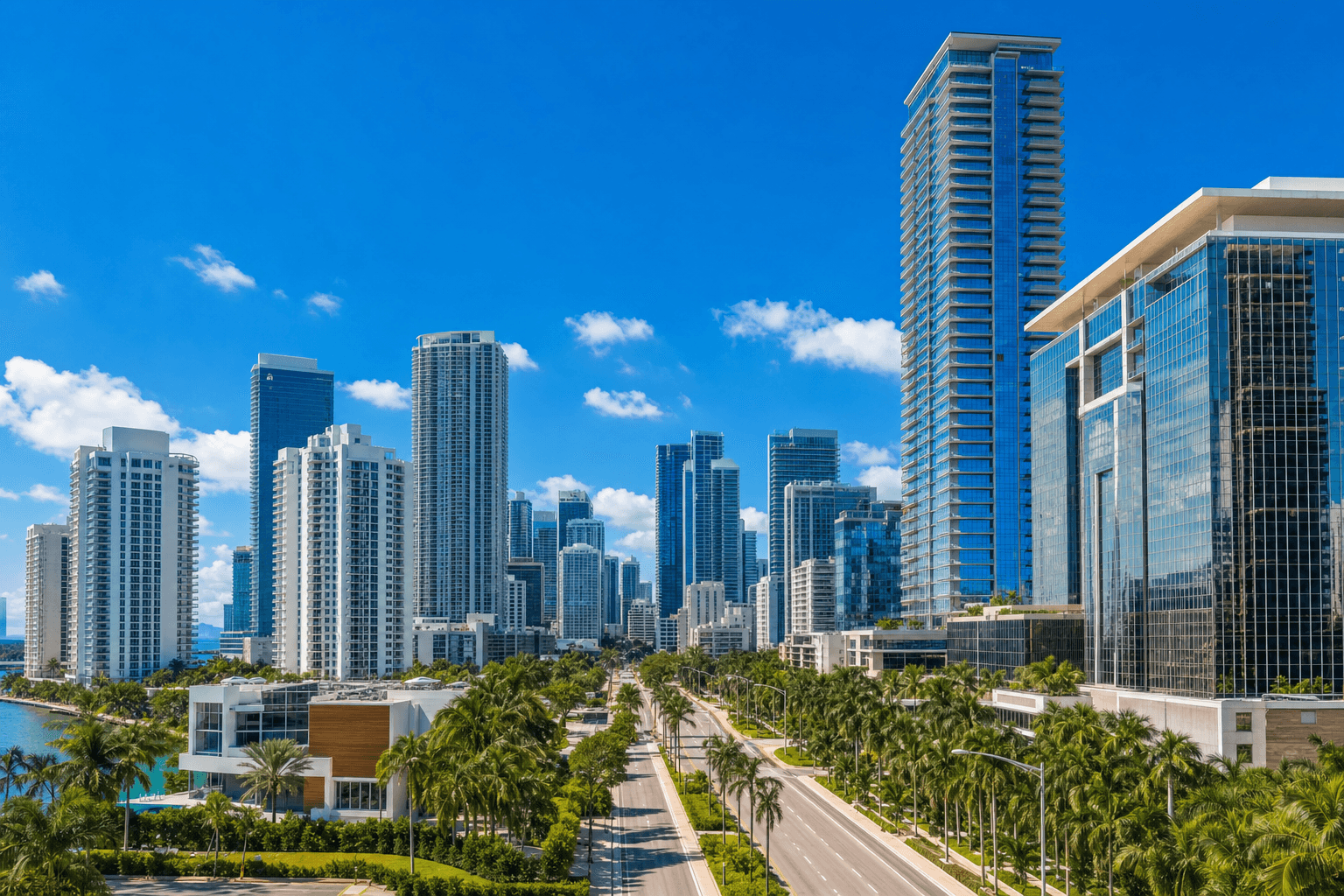 Panorámica del distrito financiero de Brickell Avenue en Miami, con modernos edificios corporativos y cielo despejado