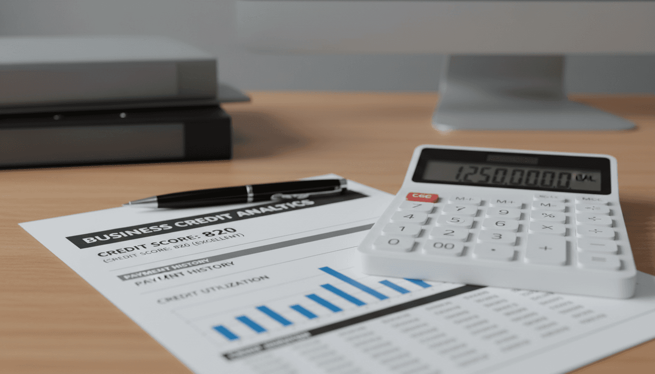 Informe de crédito comercial y calculadora sobre un escritorio