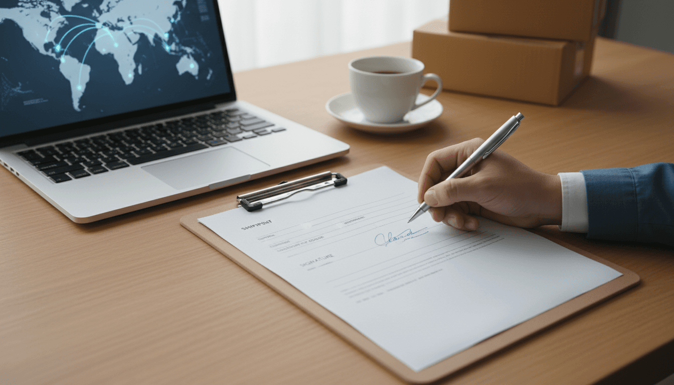Mano firmando documentos de envío en escritorio con laptop de fondo
