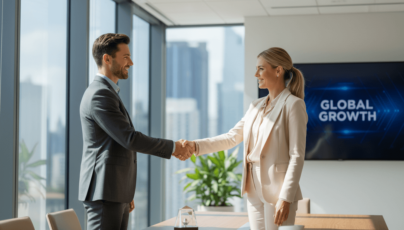 Dos empresarios estrechándose la mano en una oficina moderna