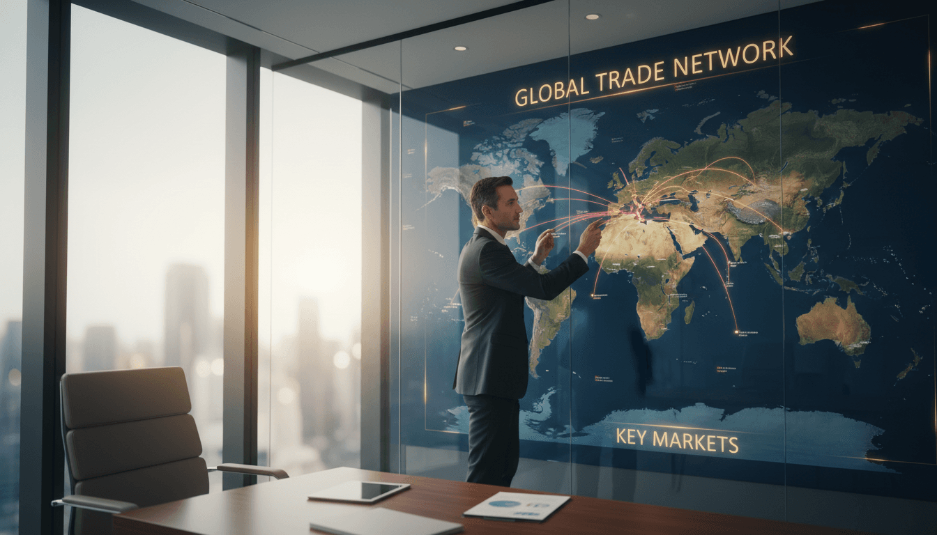 Business executive examines world map in modern office, showcasing global trade routes.