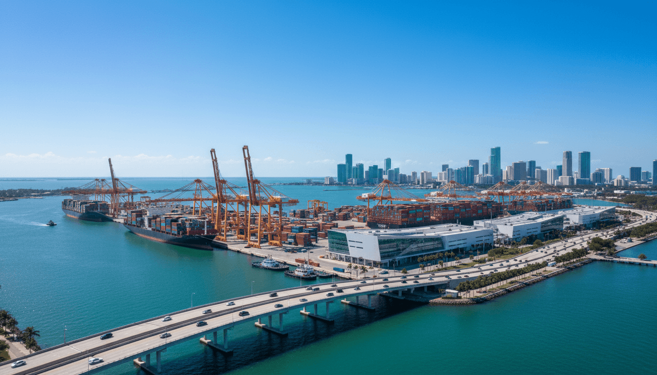Puerto de Miami con barcos de carga bajo cielo azul