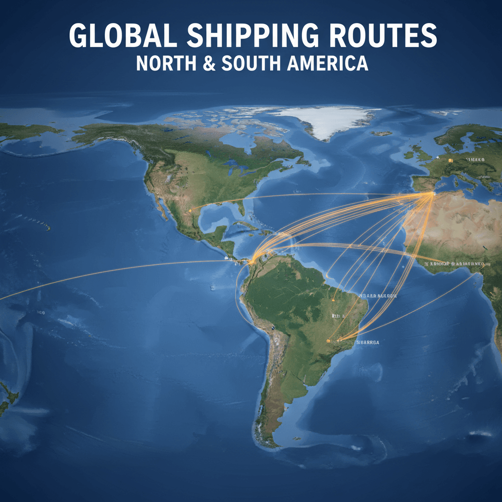 Mapa global con rutas navieras entre América del Norte y del Sur