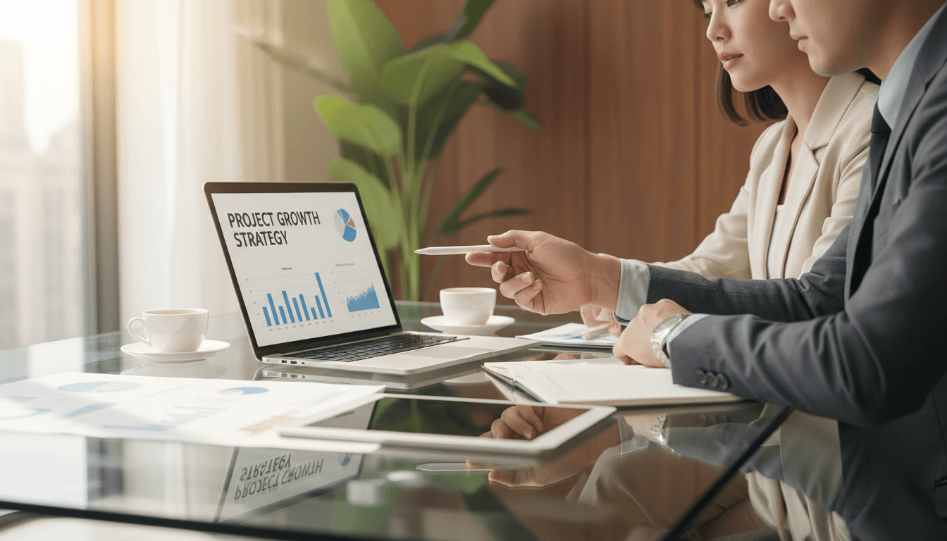 Dos profesionales discutiendo estrategia de negocios en una reunión de consultoría